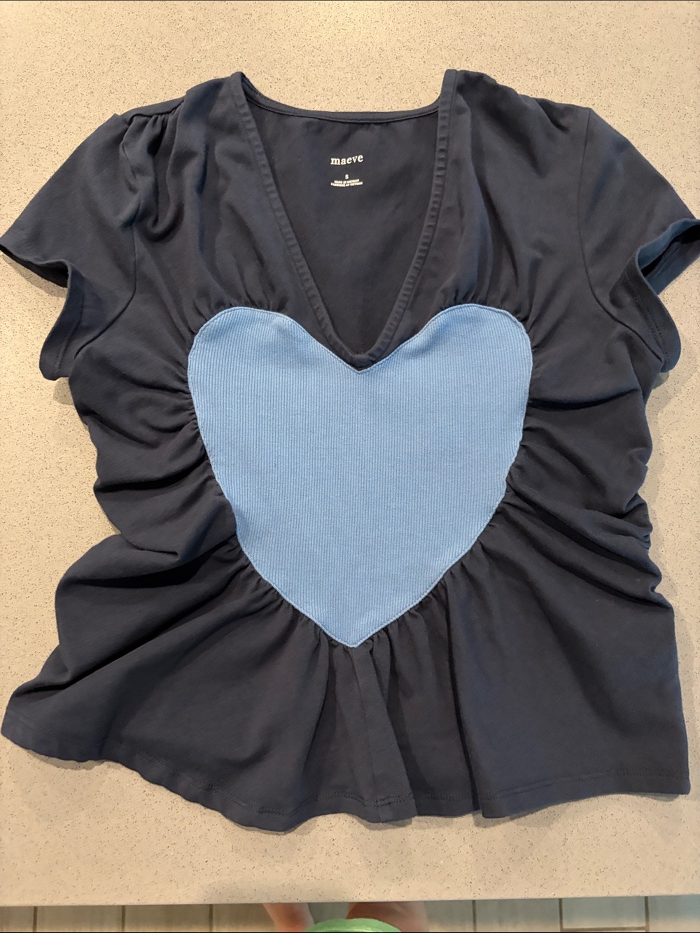 Maeve Navy Short Sleeve V-Neck Top with Light Blue Heart Patch